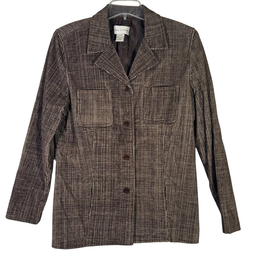 Vintage Casual Corner Corduroy Blazer Brown Plaid Jacket Womens Size 12 Fitted
